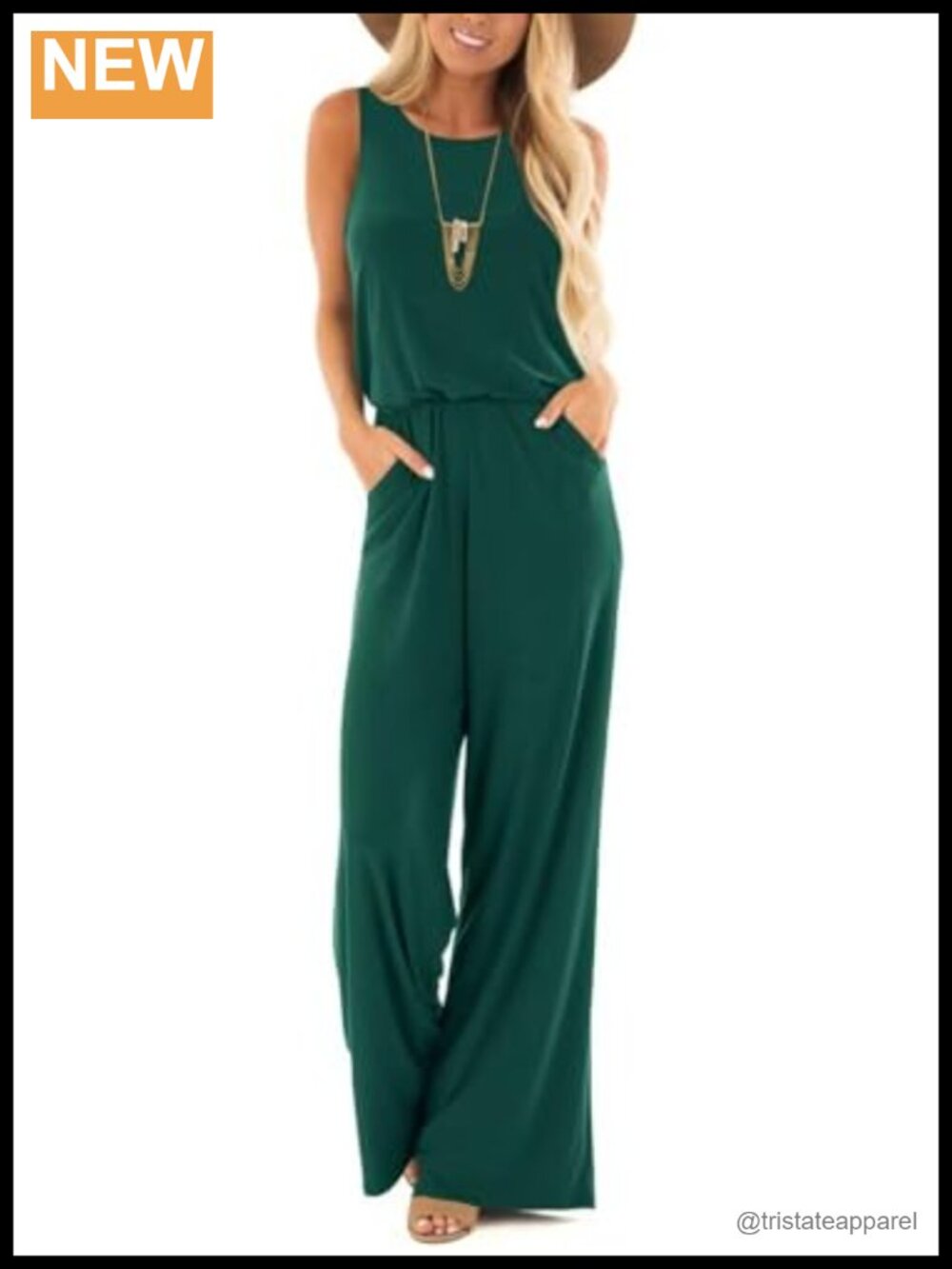 Loose Sleeveless Crew Neck Jumpsuit with Pockets Keyhole Back Button Detail